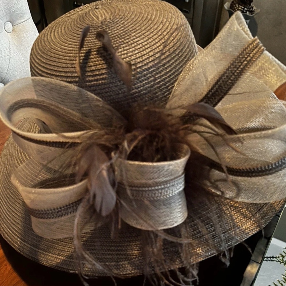 Kate Landry Elegant Wide-Brim Feather Trim Easter Derby Women's Dress Hat Taupe